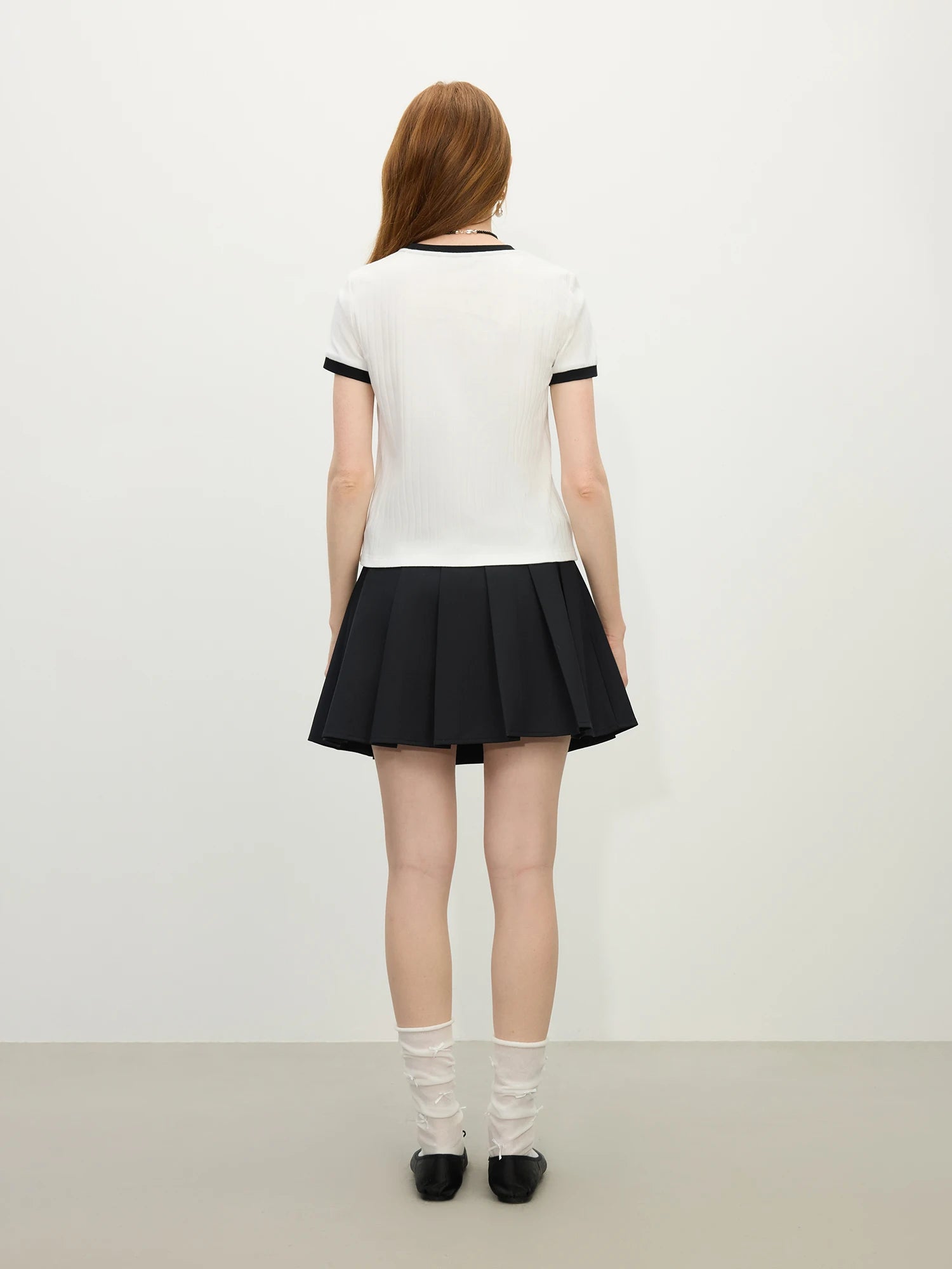 018Ribbed Tee - Color Blocking Crewneck Top