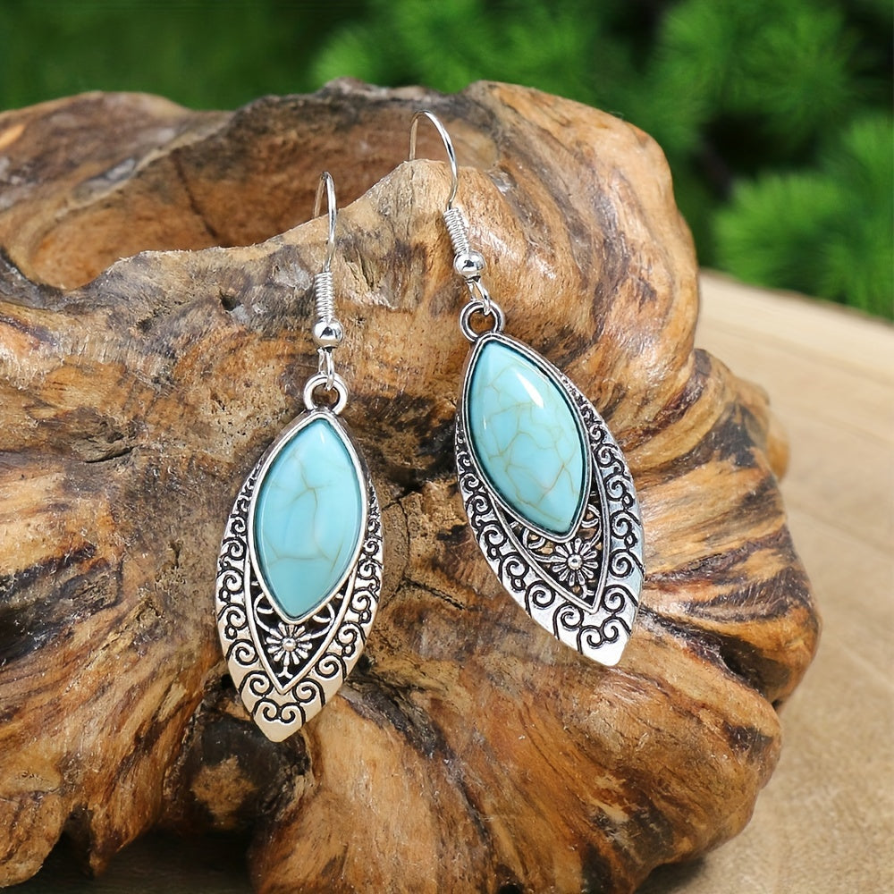 Boho-Chic 3pcs Jewelry Set for Women - Vintage Turquoise & Silvery Geometric Zinc Alloy Earrings and Necklace, Perfect for Casual Attire