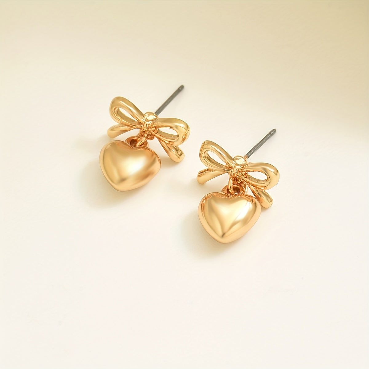 Elegant Boho Chic Bow & Heart Drop 14K Gold Plated Earrings - Zinc Alloy with Stainless Steel Posts, Perfect for Casual Attire or Gifting