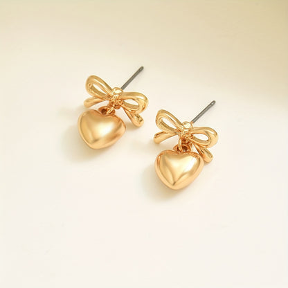 Elegant Boho Chic Bow & Heart Drop 14K Gold Plated Earrings - Zinc Alloy with Stainless Steel Posts, Perfect for Casual Attire or Gifting