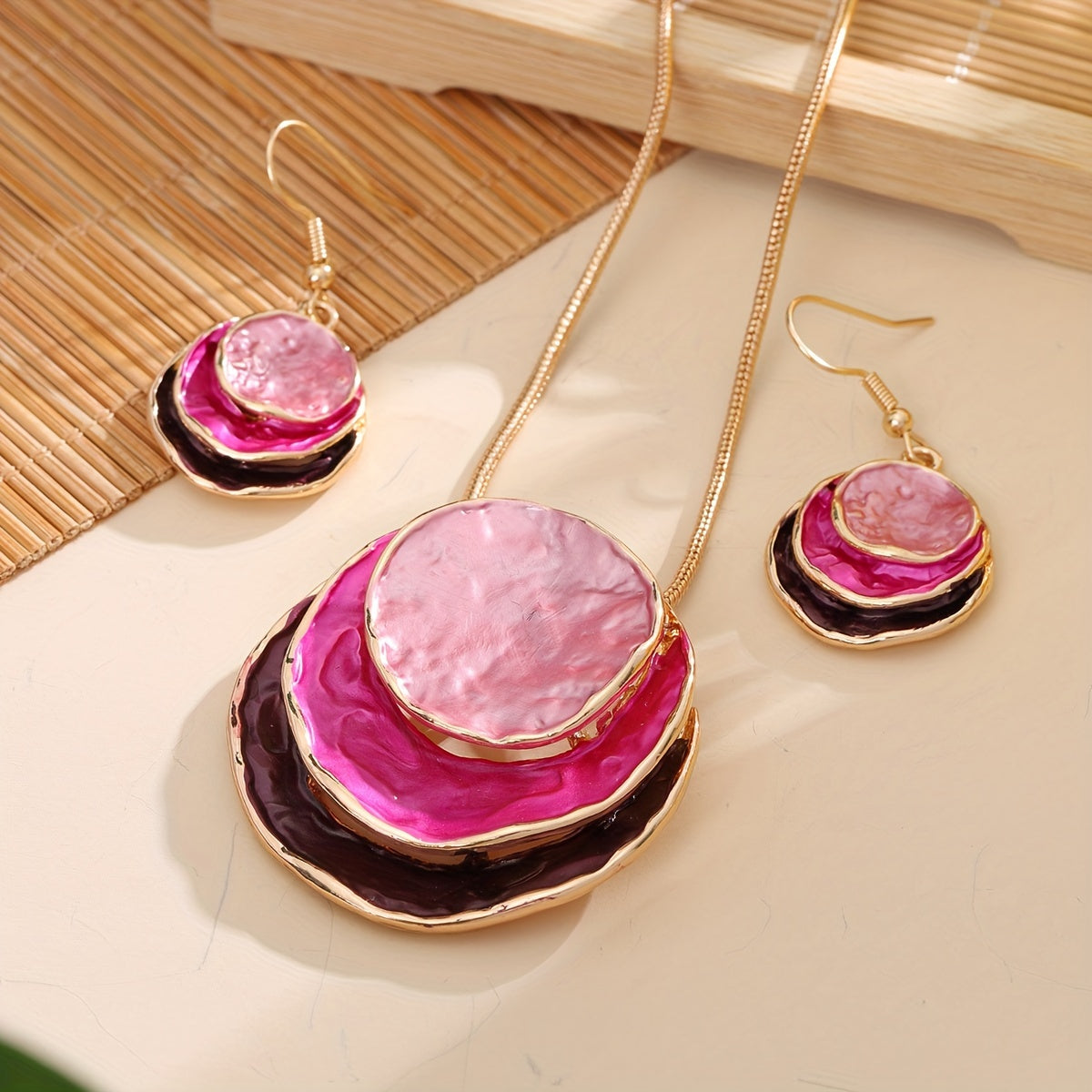 Stunning Multi-Layer Circular Zinc Alloy Enamel Jewelry Set - Women's Elegant Holiday Party Accessories - Cute Necklace and Earrings Gift Set for Her