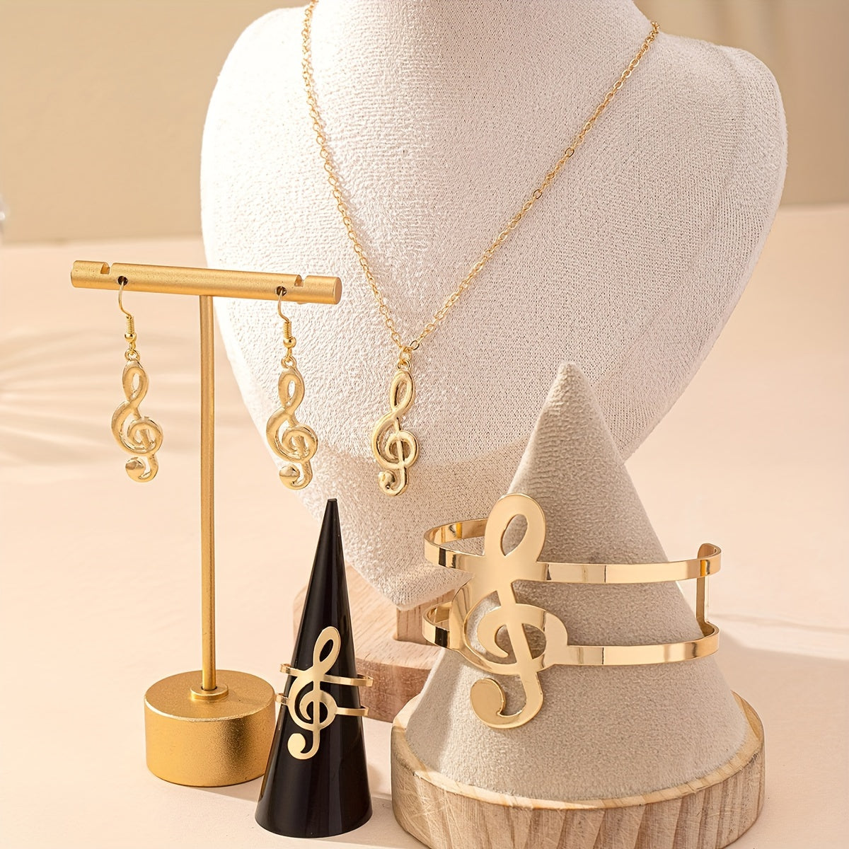 Elegant Music Note Jewelry Set: A Chic Necklace, Dangling Earrings, A Statement Bracelet, and a Ring, Perfect for Everyday Wear and Music Festivals