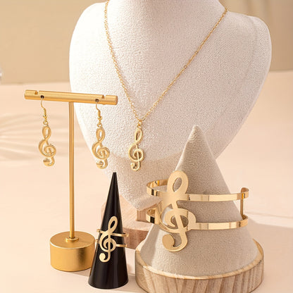 Elegant Music Note Jewelry Set: A Chic Necklace, Dangling Earrings, A Statement Bracelet, and a Ring, Perfect for Everyday Wear and Music Festivals