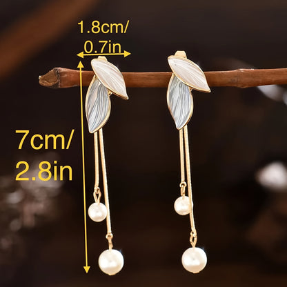 Fashionable Fresh and Elegant Countryside Style Beautiful Leaf-shaped Oil Painting DIY Hand-painted Imitation Pearl Pendant with Chain and Tassel Can Be Disassembled and Worn in Two Modes Women's Earrings