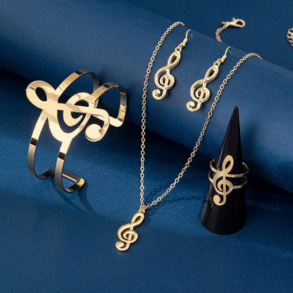 Elegant Music Note Jewelry Set: A Chic Necklace, Dangling Earrings, A Statement Bracelet, and a Ring, Perfect for Everyday Wear and Music Festivals