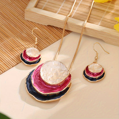 Stunning Multi-Layer Circular Zinc Alloy Enamel Jewelry Set - Women's Elegant Holiday Party Accessories - Cute Necklace and Earrings Gift Set for Her