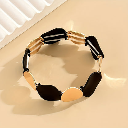 Vintage Style Stretch Bracelet with Contrast Round Black and Gold-Tone Zinc Alloy Discs for Women - Simple Elastic Bangle, No Plating, Perfect for Daily Wear and Parties