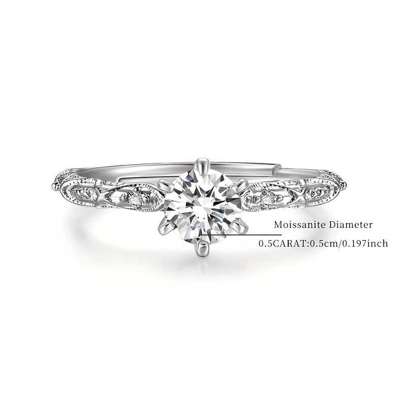 Adjustable Ring Elegant Vintage 1 Carat Moissanite Engagement Ring, 925 Sterling Silver, Sexy Style for Daily Wear, Party, Wedding, Gift for Girlfriend or Best Friend