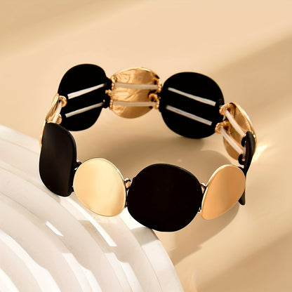 Vintage Style Stretch Bracelet with Contrast Round Black and Gold-Tone Zinc Alloy Discs for Women - Simple Elastic Bangle, No Plating, Perfect for Daily Wear and Parties