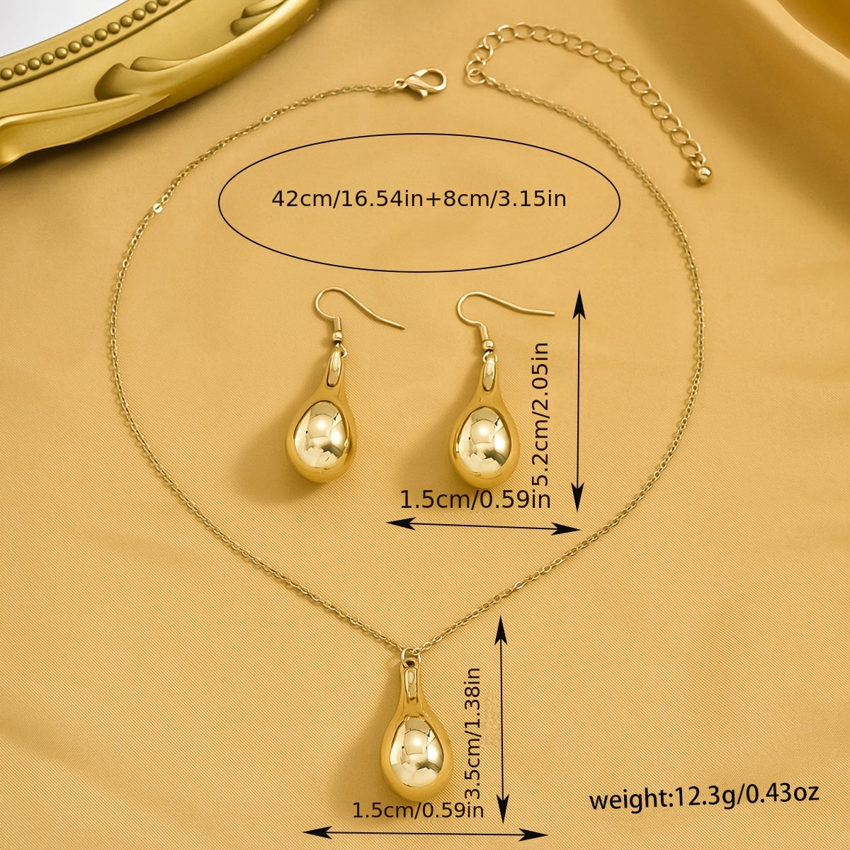 Elegant Golden-Tone Teardrop Earrings and Necklace Set - Minimalist Luxury, Resin Crafted, Perfect for Daily Wear & Parties